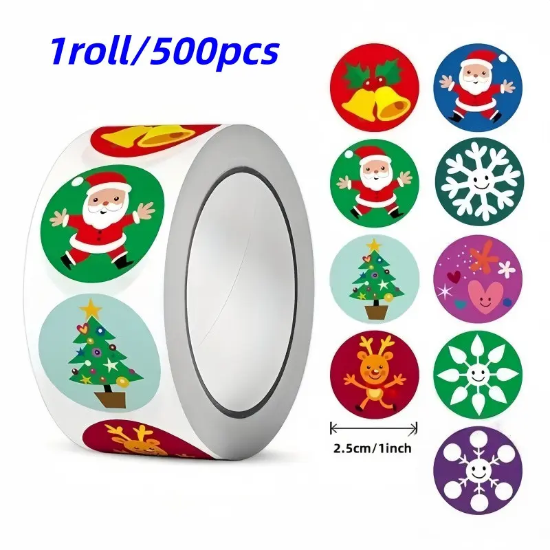 1 Roll/500pcs Christmas Snowflake Stickers, Multi-Color Mixed Pack, Ideal for Gift Wrapping and Envelope Decoration, Model 101