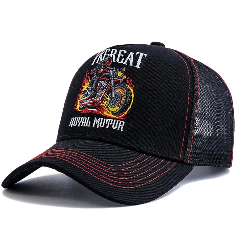 Hot Sale Motorcycle Embroidered Trucker Hat Flame Biker Patch Baseball Cap For Man Woman Breathable Streetwear Summer Mesh Caps