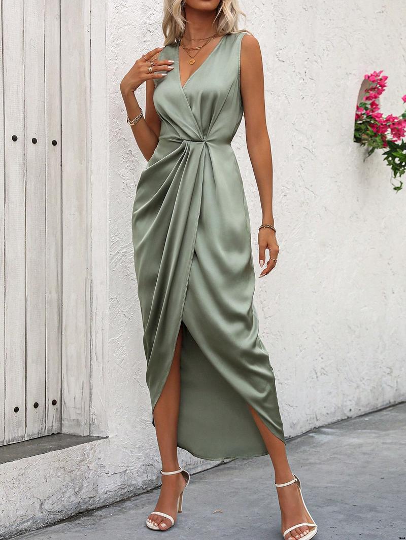 Dress satin hem body sleeve wrap lantern Clasi SHEIN