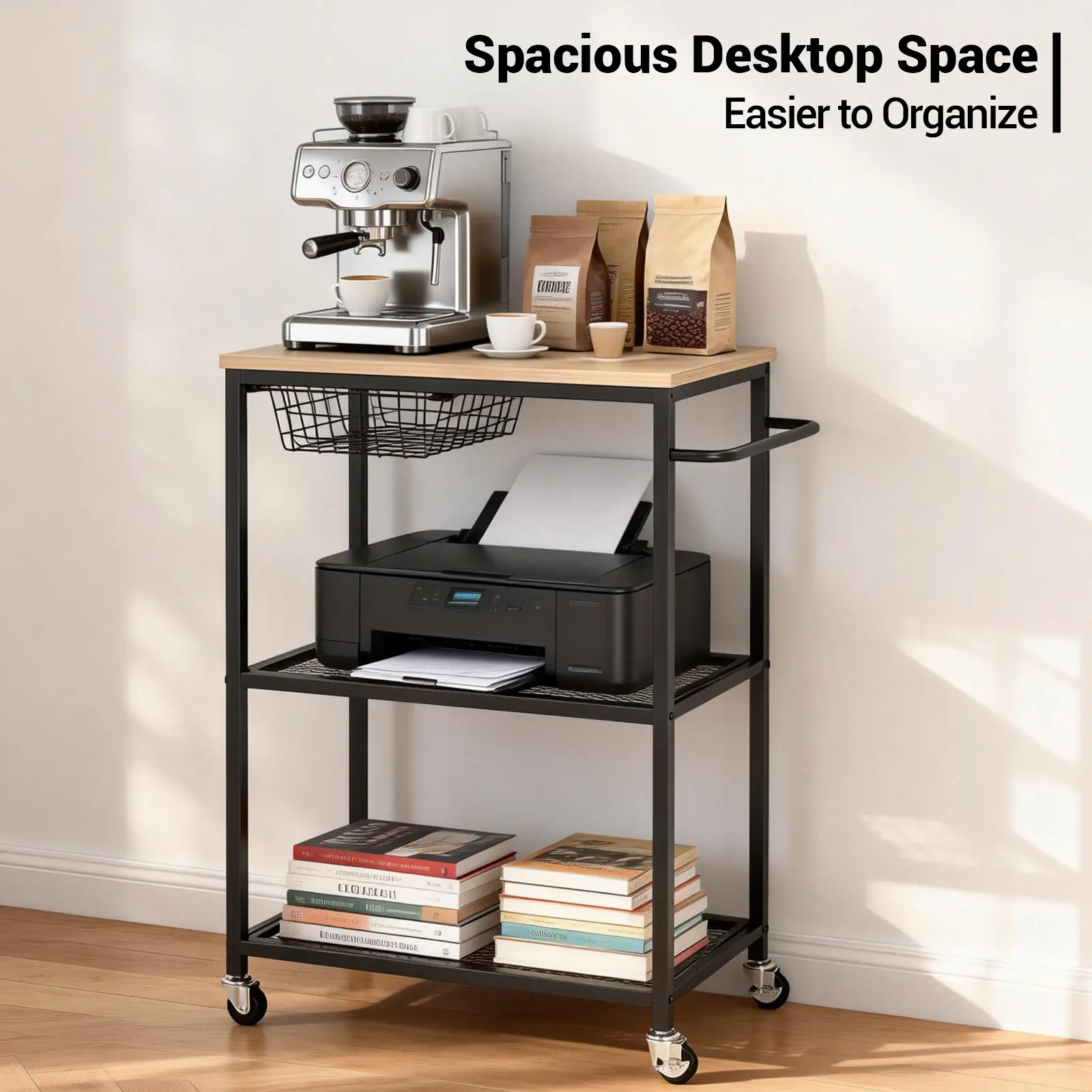 Garvee 3-Tier Rolling Kitchen Utility Cart with Wood Tabletop – Lockable Wheels – Metal Frame – Storage Shelves – Versatile Microwave Stand, Coffee Bar, Office Shelf Ideal for Small Spaces – Mobile Kitchen Organizer