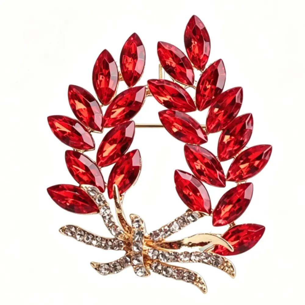 Marquise Red Crystal Laurel Wreath Brooch Unisex Gold Clear Rhinestone Branch Lapel Pin Gift