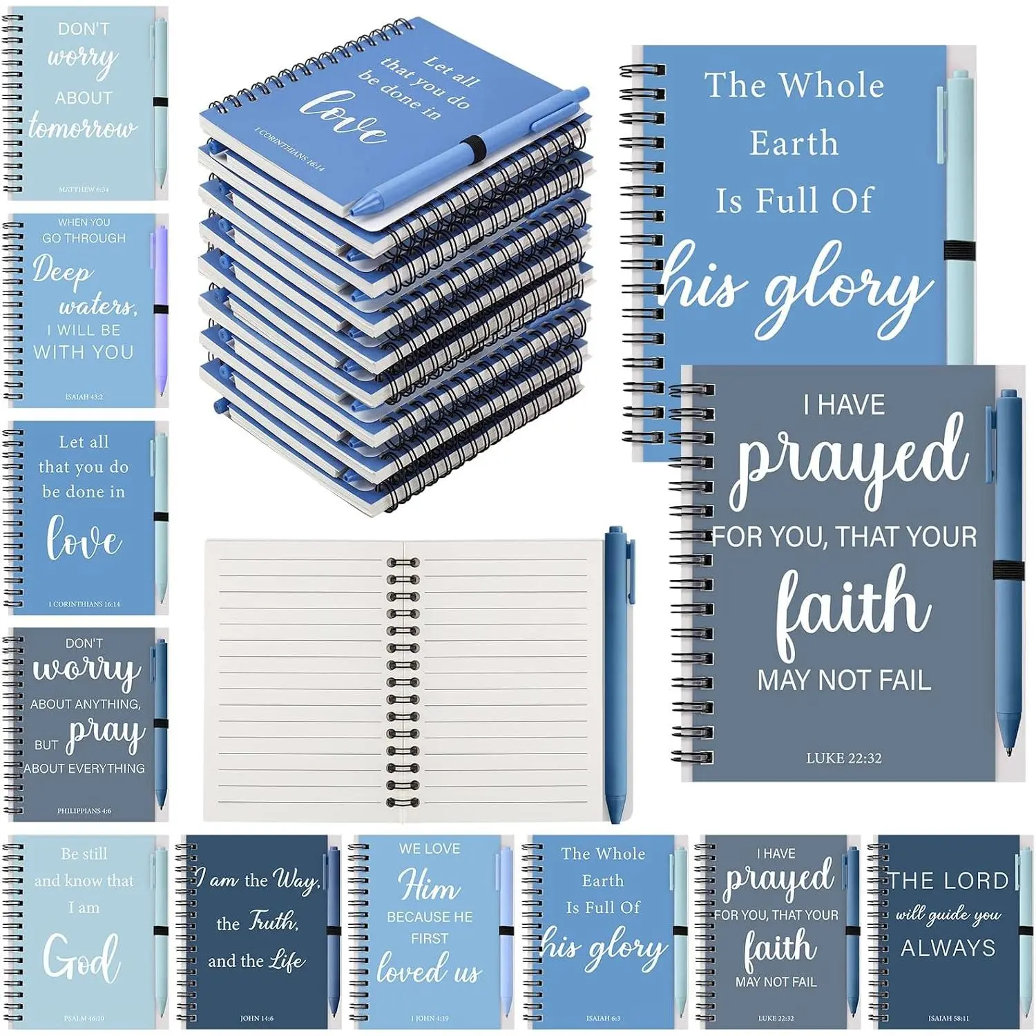 10-Set Modern Christian Office Stationery Bulk Pack - Spiral Notebooks, Scripture Verse Ballpoint Pens, Prayer Journals for Church Sunday School Adults