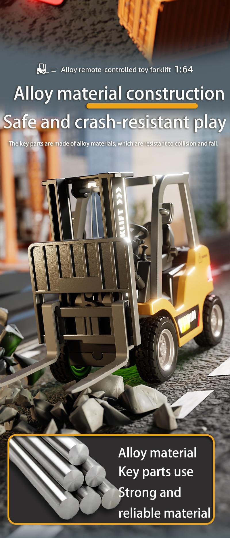 1/64 Mini RC Forklift, Remote Control Excavator, 11 Channel 2 Mode 2.4Ghz Remote Control Alloy Construction Vehicles Set with USB-C Rechargeable, 2 in 1 Transformable Lift Fork & Hook, Birthday Christmas Gift for Kids Adults Boys and Girls