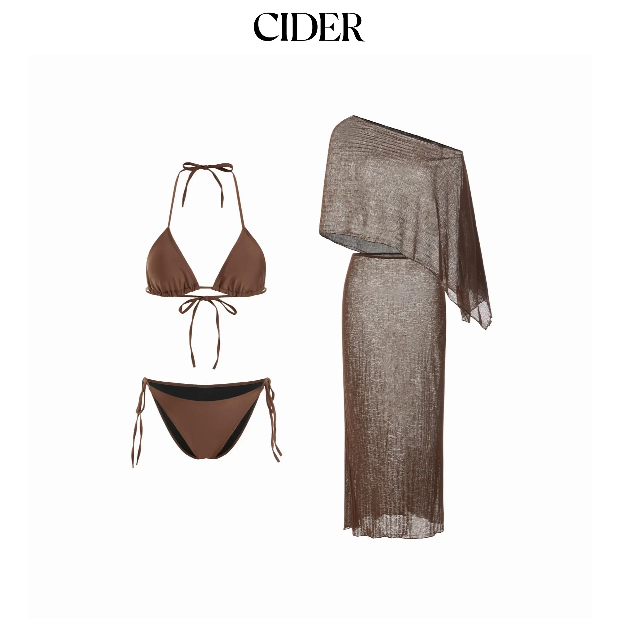 Cider Halter Neckline Triangle Tie Side Bikini Set with Poncho Top & Maxi Skirt Cover Up