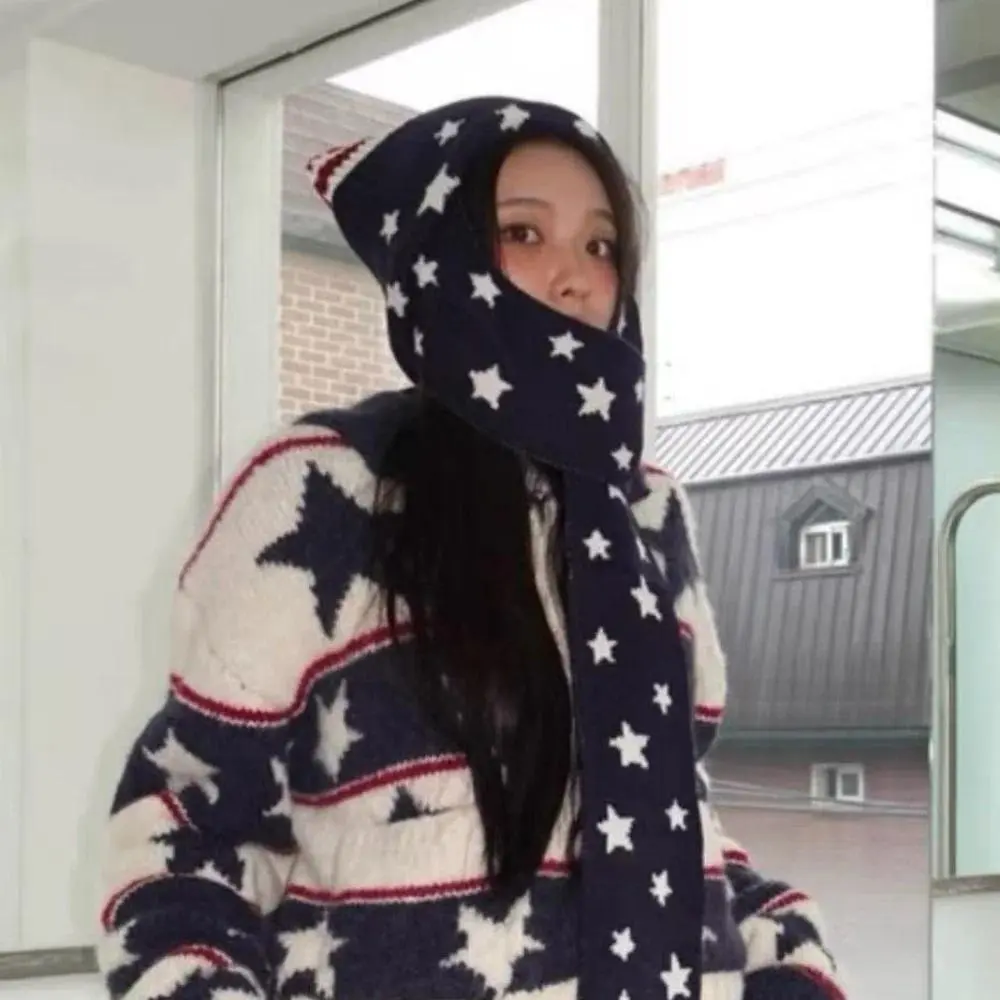 Y2K Star Shaped Long Scarf And Hat Integrated Women's Winter Warm Knitted Big Head Circumference  Woolen Hat Ball Flag Beanies
