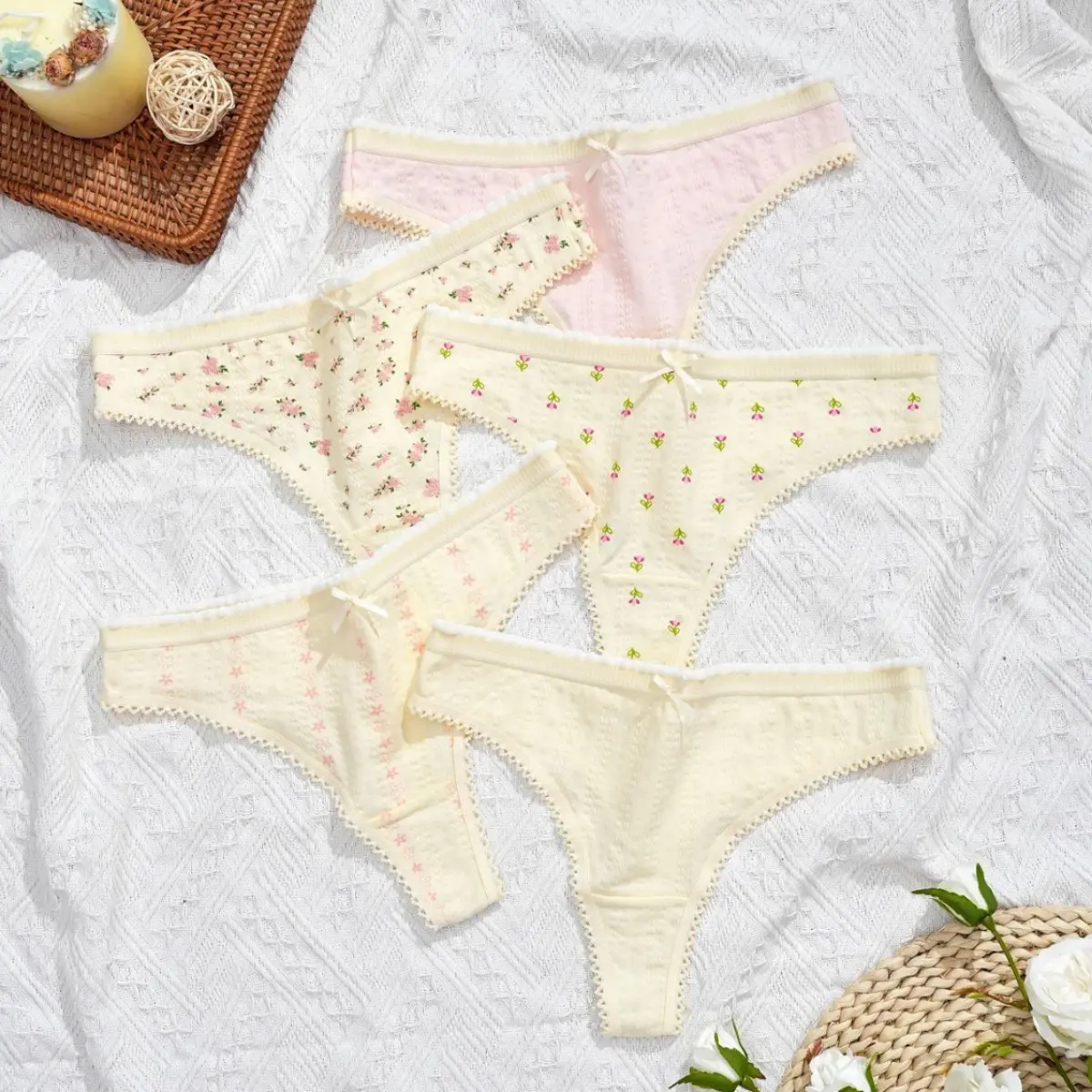 5-Pack Women's All Over Floral Print Cotton Thongs, Low Waist T-Back Lingerie, Breathable for Yoga & Sports, Panties, Lady, 5Pcs, All Over Print, Intimate Underwear