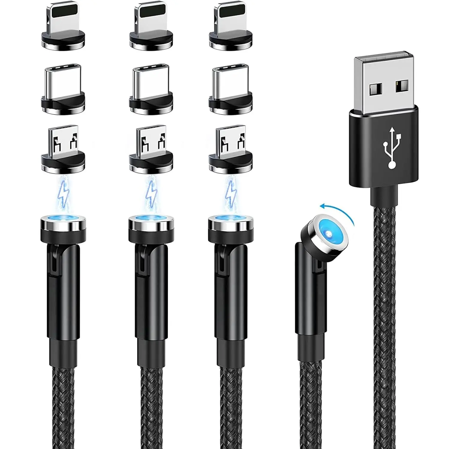 540° Rotating Magnetic USB-C Charging Cable (4-Pack: 3/3/6/6ft) 3-in-1 2.4A Fast Charge Cord with Straight & Bent Design, Blue LED Light for Mobile Phones, Tablets, TWS Earbuds, Gamepads (iPhone, Samsung, Moto, OnePlus Compatible), Magnetic Charging