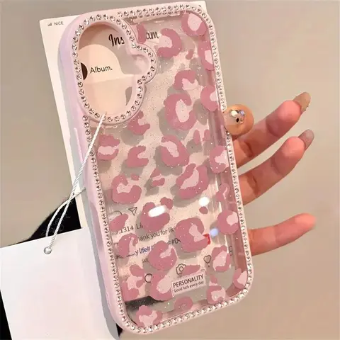 An Elegant Leopard Print Phone Case, Adorned with Glitter And Rhinestones, Compatible with for iphone 17, 17 Pro Max, 16, 15, 14 Pro Max, Plus, And 13 Series, Offering Soft Shockproof Protection, Smartphone Case, Phone Case For Women, Phone Case, Case