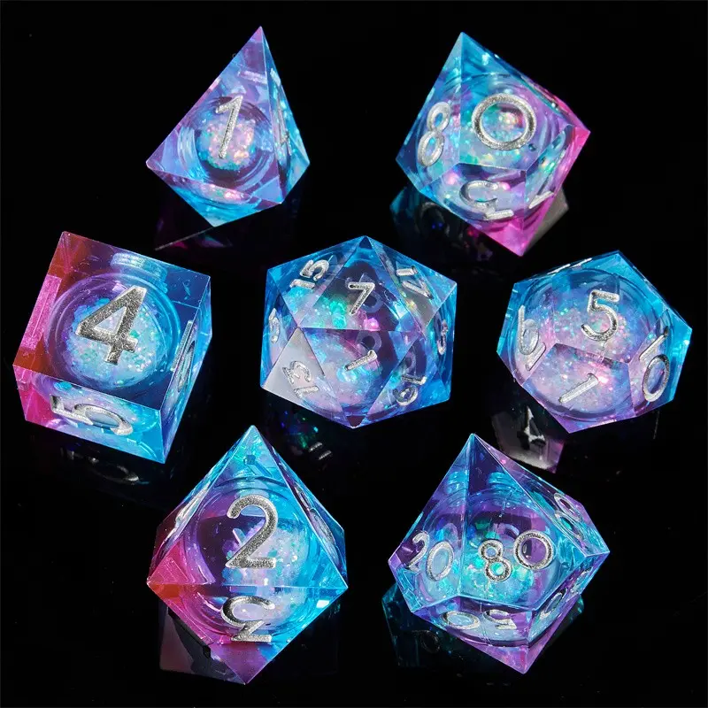 Cat Liquid Core Dnd Dice Set, 7 Sharp Edge Resin Flow Sand Polyhedrons, Perfect for Dungeons and Dragons Rpg Games