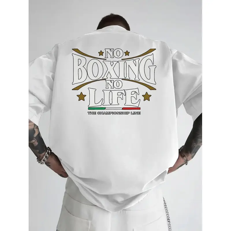 Men's NO BOXING NO LIFE Champ Back Print Boxing Gym Shirt - Soft Pure Cotton Loose Fit Training Top with Bold White & Golden Lettering - Lightweight Breathable Workout Tee for MMA, Streetwear, Boxing Apparel for Fighters & Fans 100% Cotton 180gsm