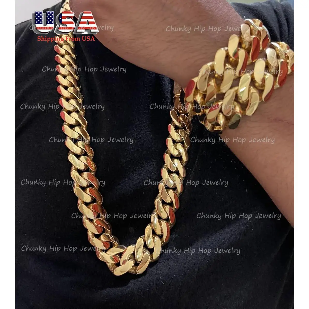 14K Gold Plated Stainless Steel Jewelry Heavy Cuban Link Miami Chain Mens Womens Fashion Necklace With Copper Clasps