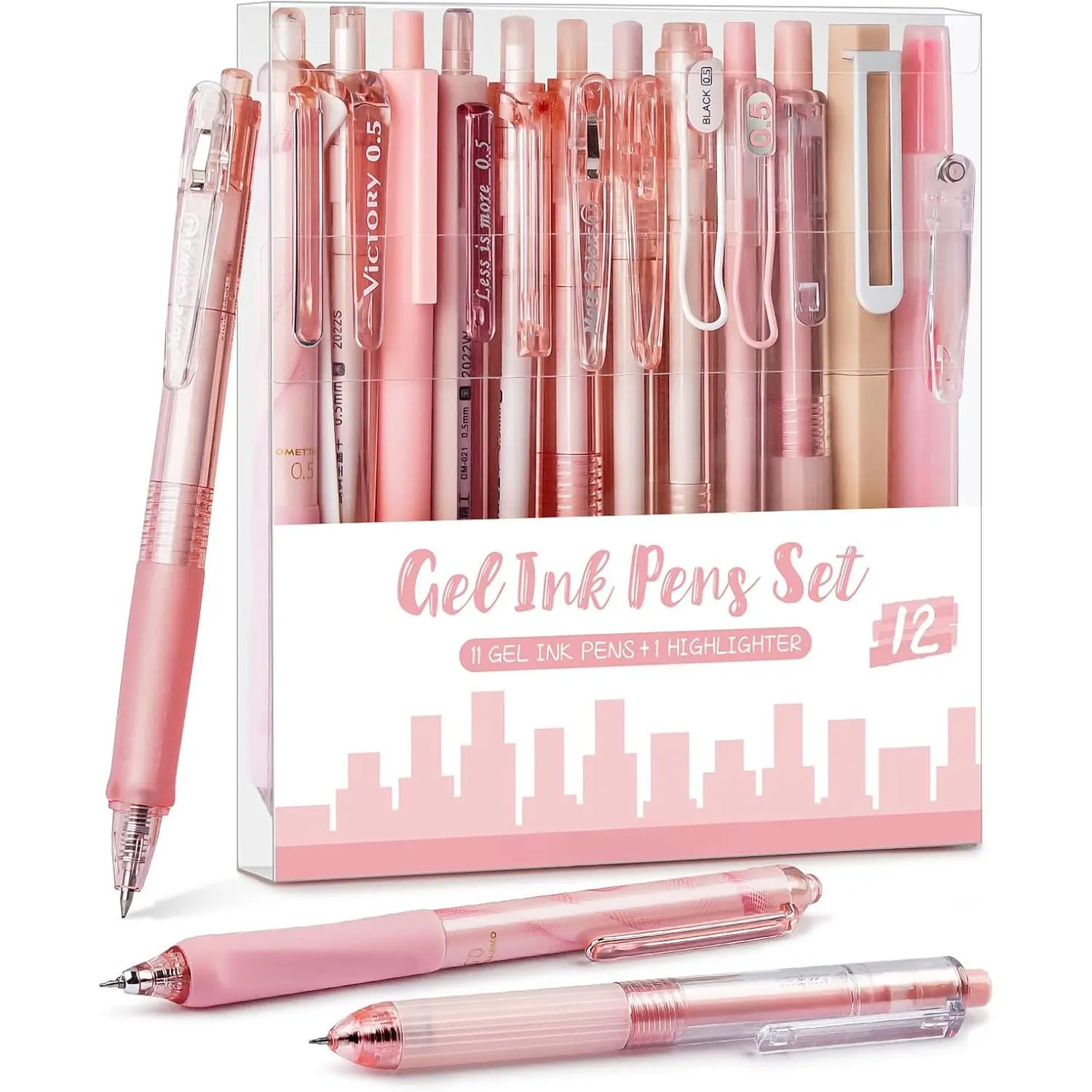 Rose Series Gel Pens Set of 12, 0.5 mm Fine-Point Write Pens with Black & Pink Ink, Multiple Grips, Practical Gifts, Girly Office Stationery for Women, School Office Supplies Aesthetic Desk Accessories, 0.5 Mm Pen