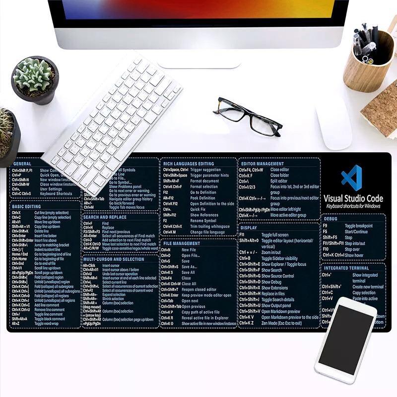Coding Visual Studio Code Shortcuts Keyboard Mouse Pad, Non-slip Rubber Base Stitched Edge Desk Pad, Office Desk Accessories for Laptop Desktop