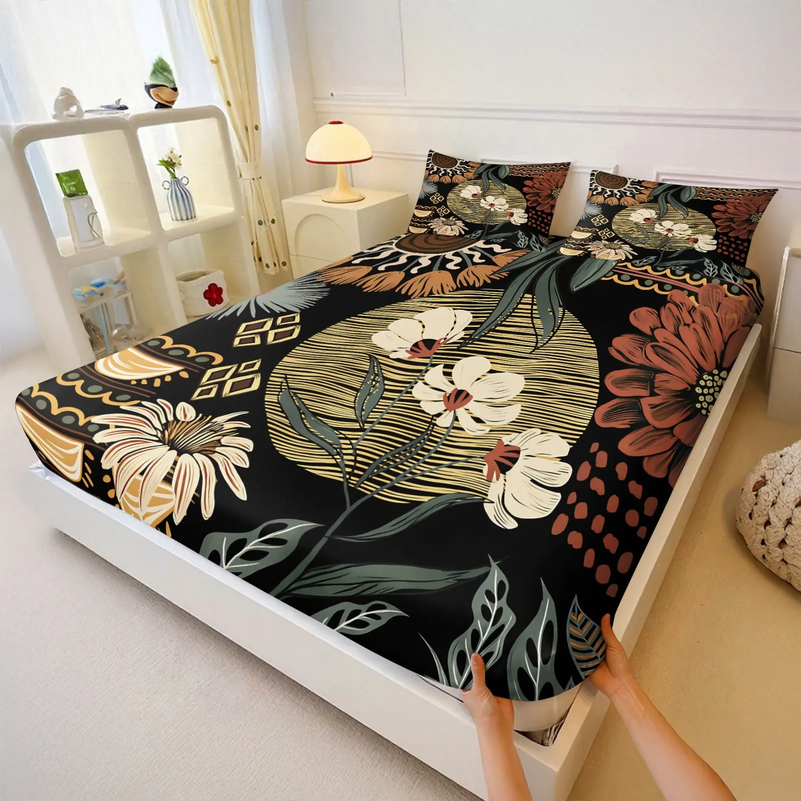 Background Retro Tribal Tropical Floral 3pcs Fitted Sheet Set, Boho Ethnic Botanical Deep Pocket Bedding, Soft Microfiber for Bohemian Bedroom