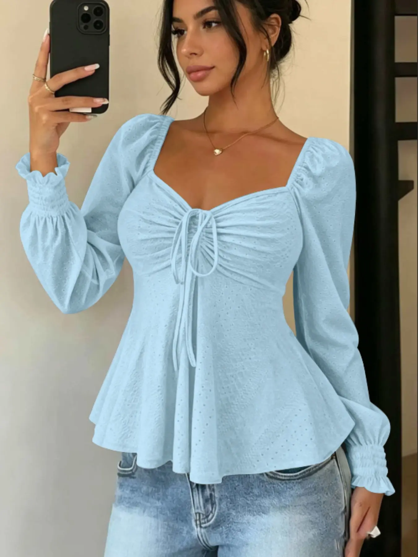 Women's Sweet Style Lightweight Breathable Long Sleeve Top Blouse, Fashionable Spring and Autumn Upper Garment, Comfortable and Stylish