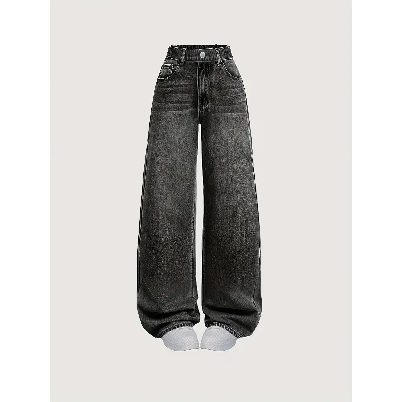 Girls' Vintage Charm High-Waisted Wide-Leg Faux Denim for Teens, Featuring a Minimalist Design That Highlights Youthful Energy.The Washed Black Color Showcases a Natural Fading Effect