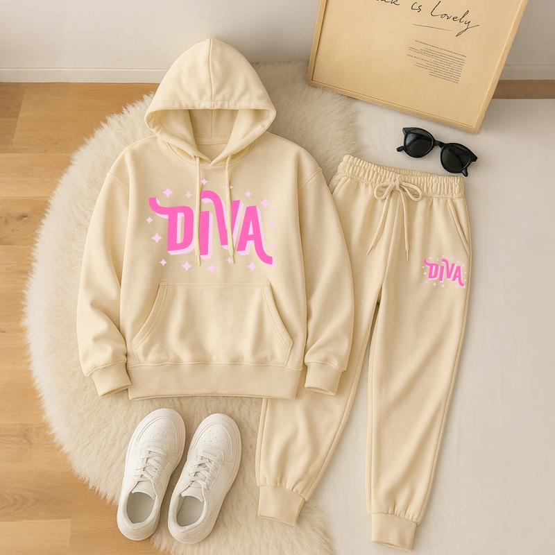 Women's Diva Star Print Hoodie And Drawstring Track Pants Set, Casual Sportswear, Long-Sleeved Hooded Jacket And Pants, Suitable For Autumn And Winter, Everyday Wear, Indoor And Outdoor Sportswear, Sportswear Set, Casual Sportswear