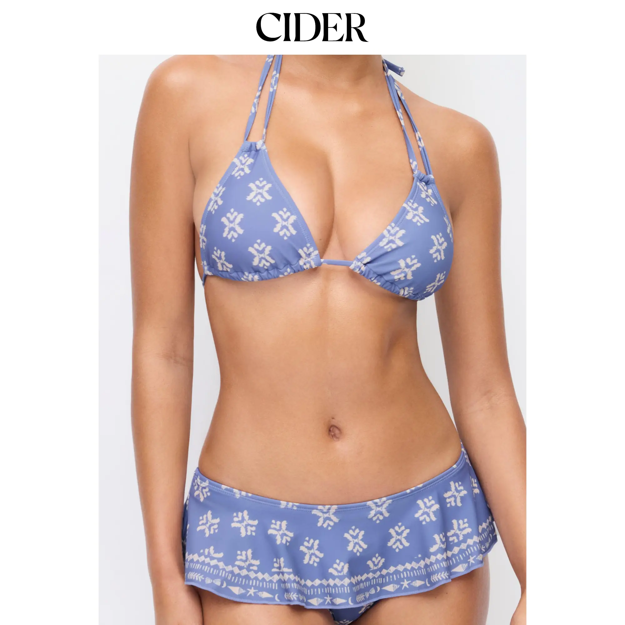 Cider Aztec Halter Neckline Ruffled Triangle Bikini Set