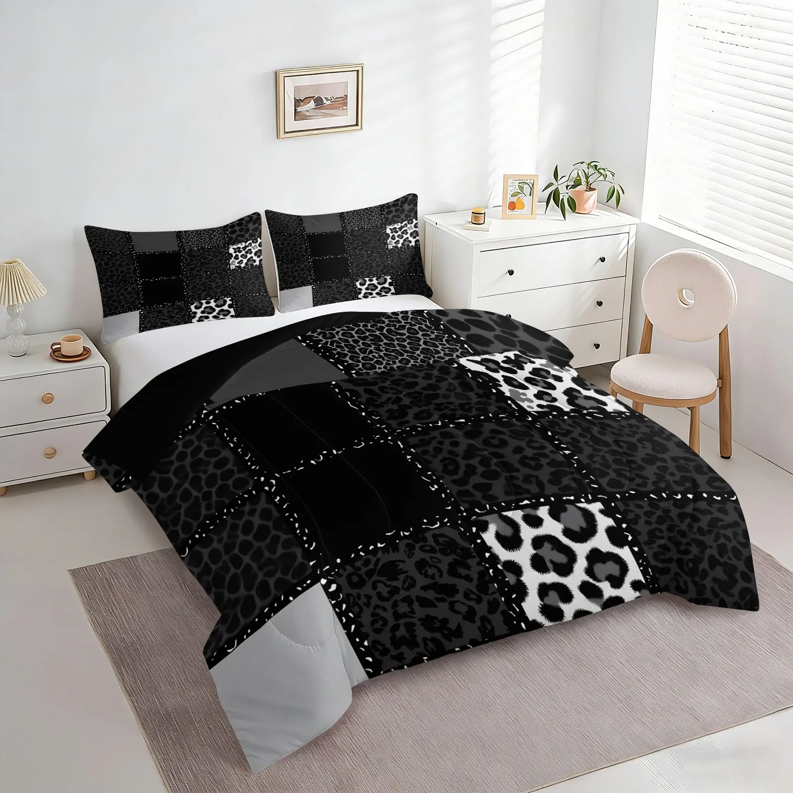 Dark Mixed Checkered Leopard Comforter Set, Y2K Spot Pattern, 1 Comforter And 1-2 Pillowcases, Lightweight, Fluffy, Warm And Suitable For All Seasons, For Luxury Bedroom, Study Room And Game Room, Gift For Men