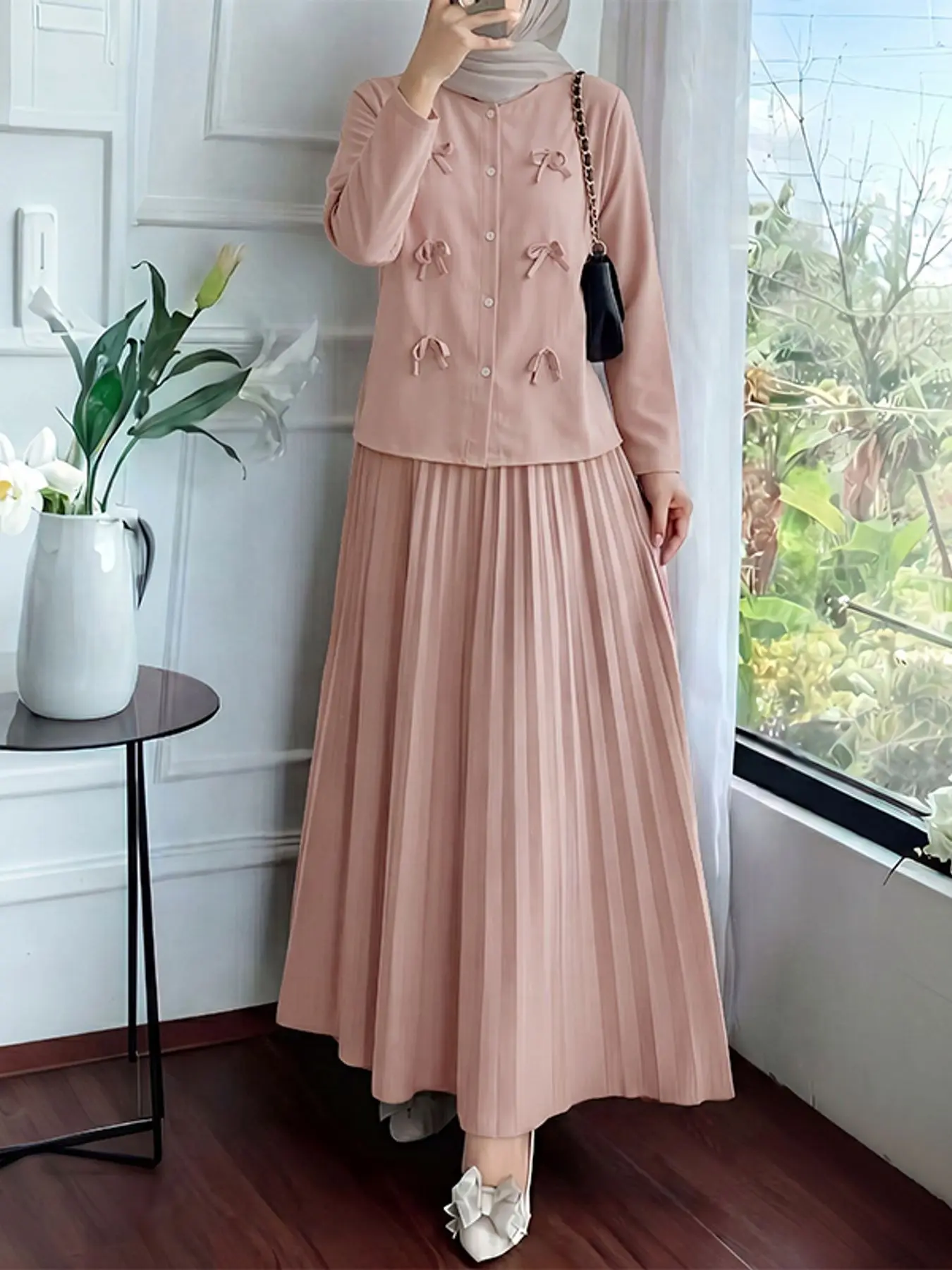 Women's Round Neck Long Sleeve Bow Shirt + Pleated Skirt Set, Fashion Muslim Set, Islamic Clothing Set, Casual Loose-Fit Two-Piece, Matching Sets, Matching Outfit Set, Co Ord, Spring & Fall Fashion