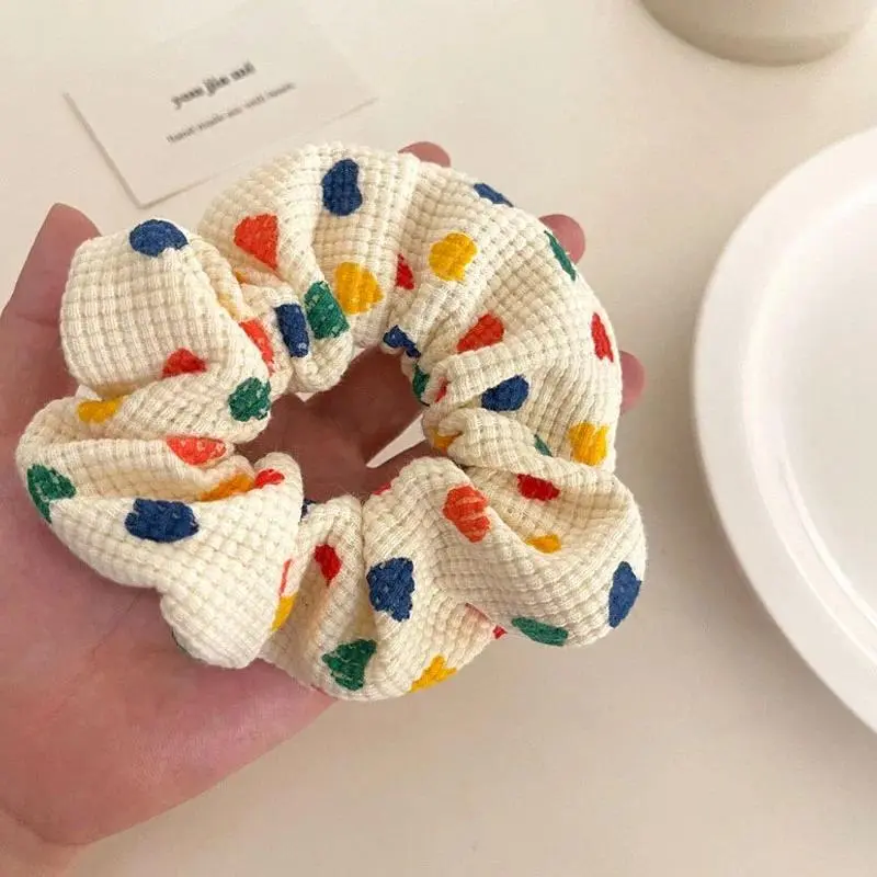 Cute Heart Printed Knitting Hair Ties for Women, Y2K Sweet Wide Elastic Scrunchies, No Crease Ponytail Holder, Soft Hair Accessories for School & Daily Outfit