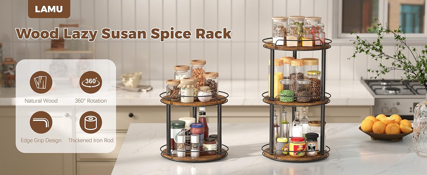 9.1'' Wood Lazy Susan Turntable Organizer for Cabinet, 2 Tier Lazy Susan Spice Rack Organizer for Kitchen, Table Top, Countertop, Pantry, Medicine Organizer