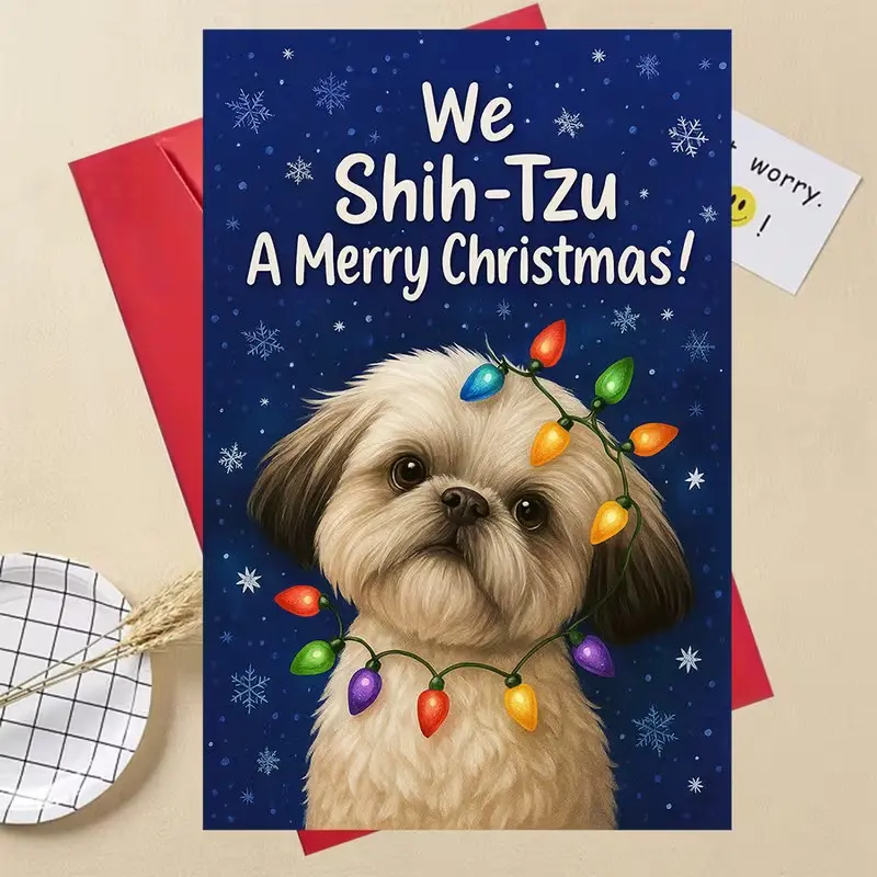 Cute Dog Christmas Card with Envelope, Adorable Puppy Holiday Design with Snowflakes, Red Plaid Border and Christmas Lights, Festive Greeting Card for Dog Lovers, Pet Owners, Friends and Family, Creative Xmas Gift Card
