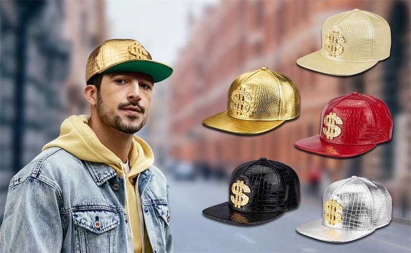 Hip Hop Hat Flat-Brimmed Rock Cap Adjustable Snapback for Men Women PU Leather Cotton Blend Diamond-Encrusted Dollar Pattern Stylish Trucker Cap