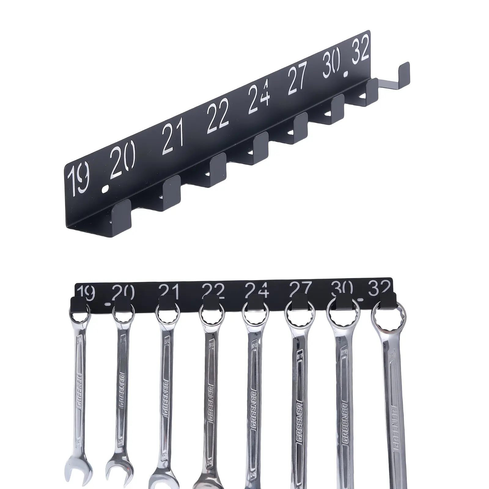 Wall hanging hardware organizer rack with drawer, heavy duty metal wrench holder, space-saving garage workshop storage solution, clear numbered design easy to classify various hand tools neatly.