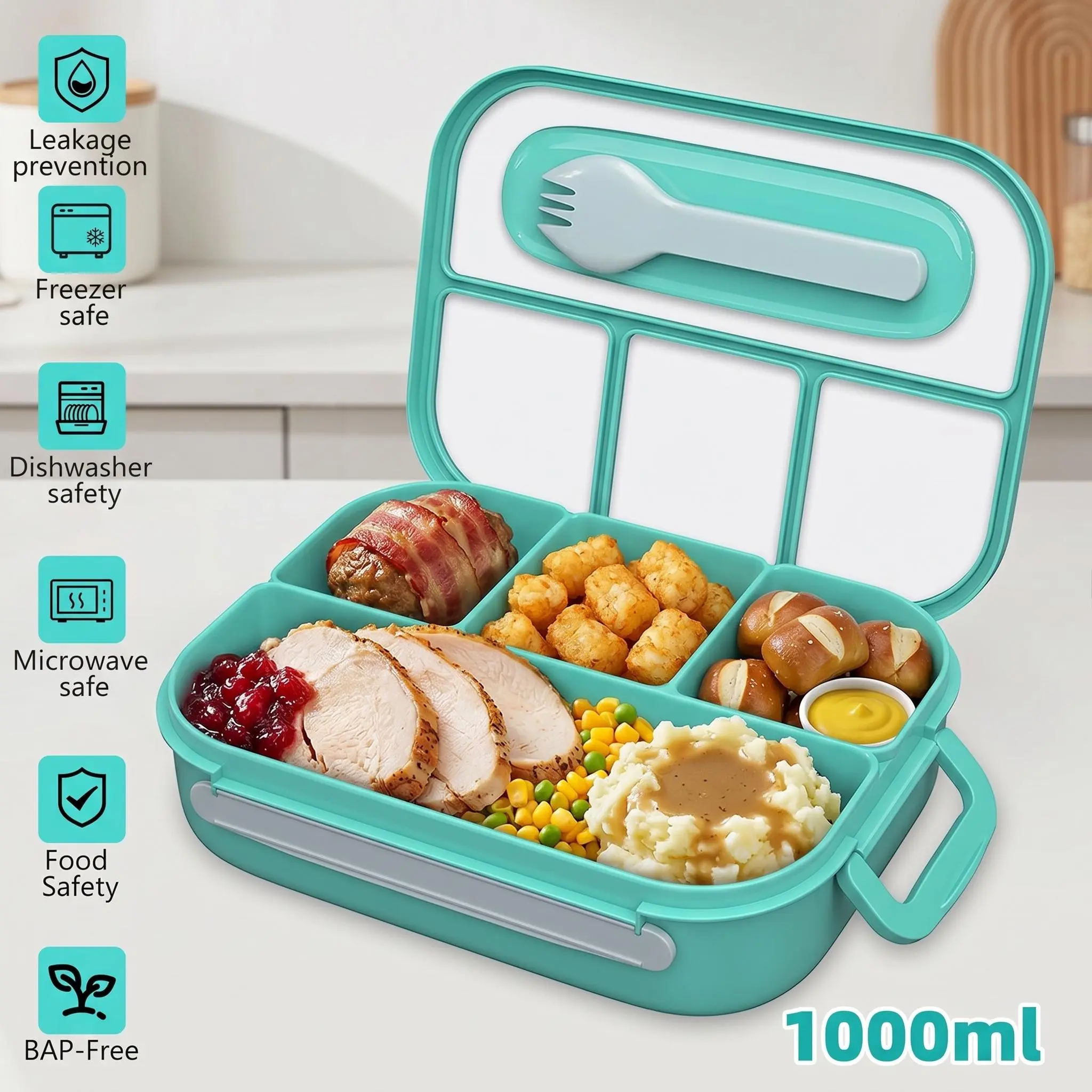 3-in-1 Silicone Kids Bento Lunch Box - 1000ml BPA-Free Airtight Leakproof 4-Compartment Lightweight Reusable Snack Container with Lid, Spoon, Portable for Kids Aged 3 to 7, School, Travel