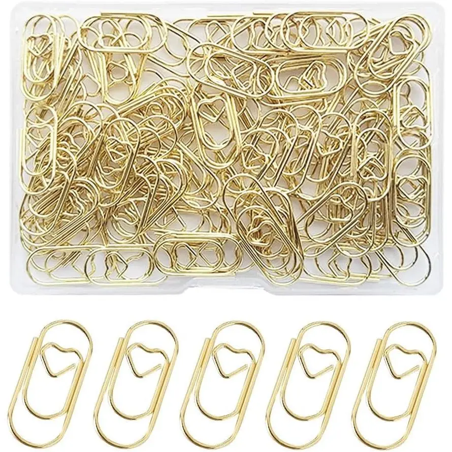 100 Pack 0.8inch Gold Love Heart Shaped Mini Paper Clips for Office School Home Desk Organizers