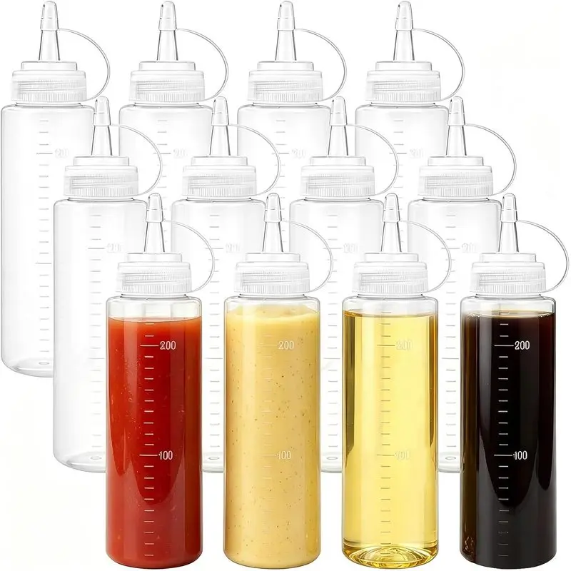 12 Pack 8 oz Plastic Squeeze Bottles, Refillable Squirt Bottles for Ketchup, Condiments, BBQ Sauce, Dressing, Syrup, Grilling & Crafts
