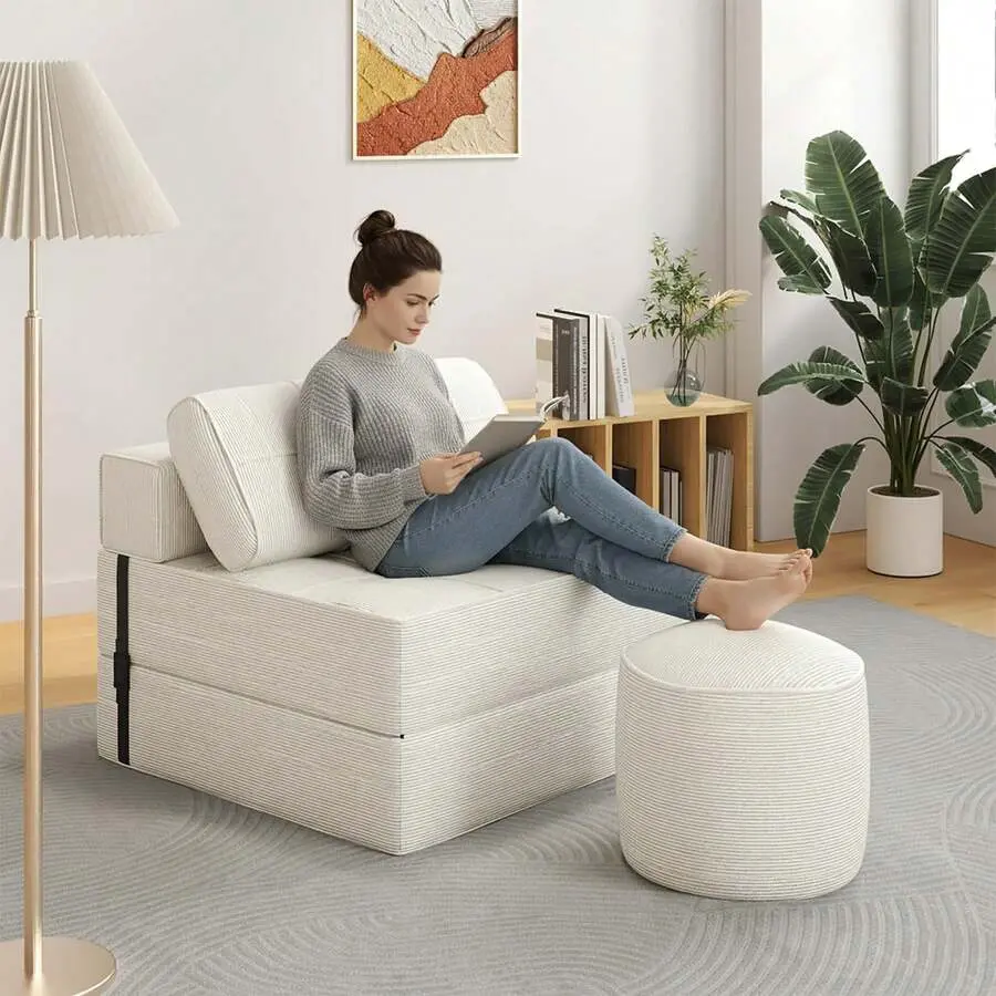 3 - In - 1 Folding Sofa Bed With Ottoman,28D Density Foam,Modern Corduroy - Ideal Small Spaces Like Dorms And Guest Rooms