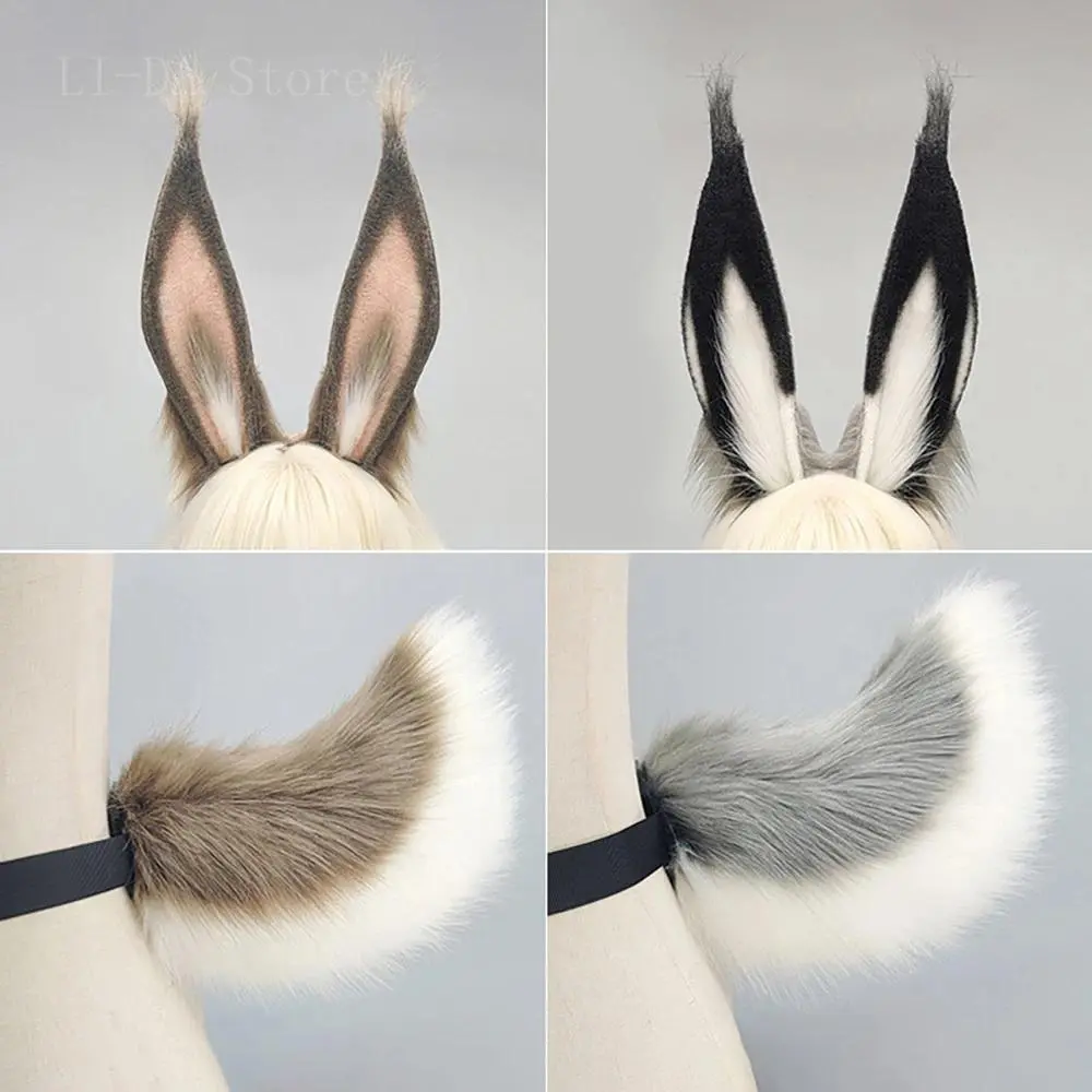 2-Pcs Hand-Made Anime Rabbit Ears Hairband Set with Furry Bunny Tail - Decorative Prop for Game Role Play Characters, Halloween Costume Accessories, 2Pcs