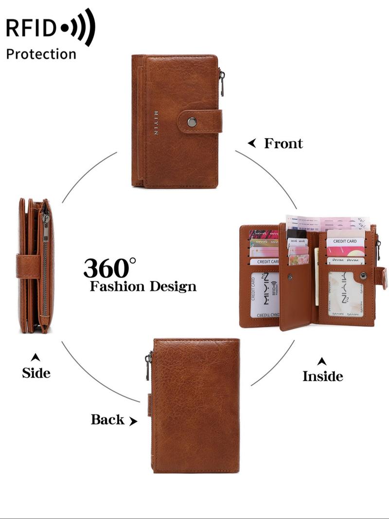 Women's Minimalist Plain Color Letter Decor Short Wallet, Casual Versatile Zipper Wallet with ID Window, RFID Blocking Card Holder for Daily Used