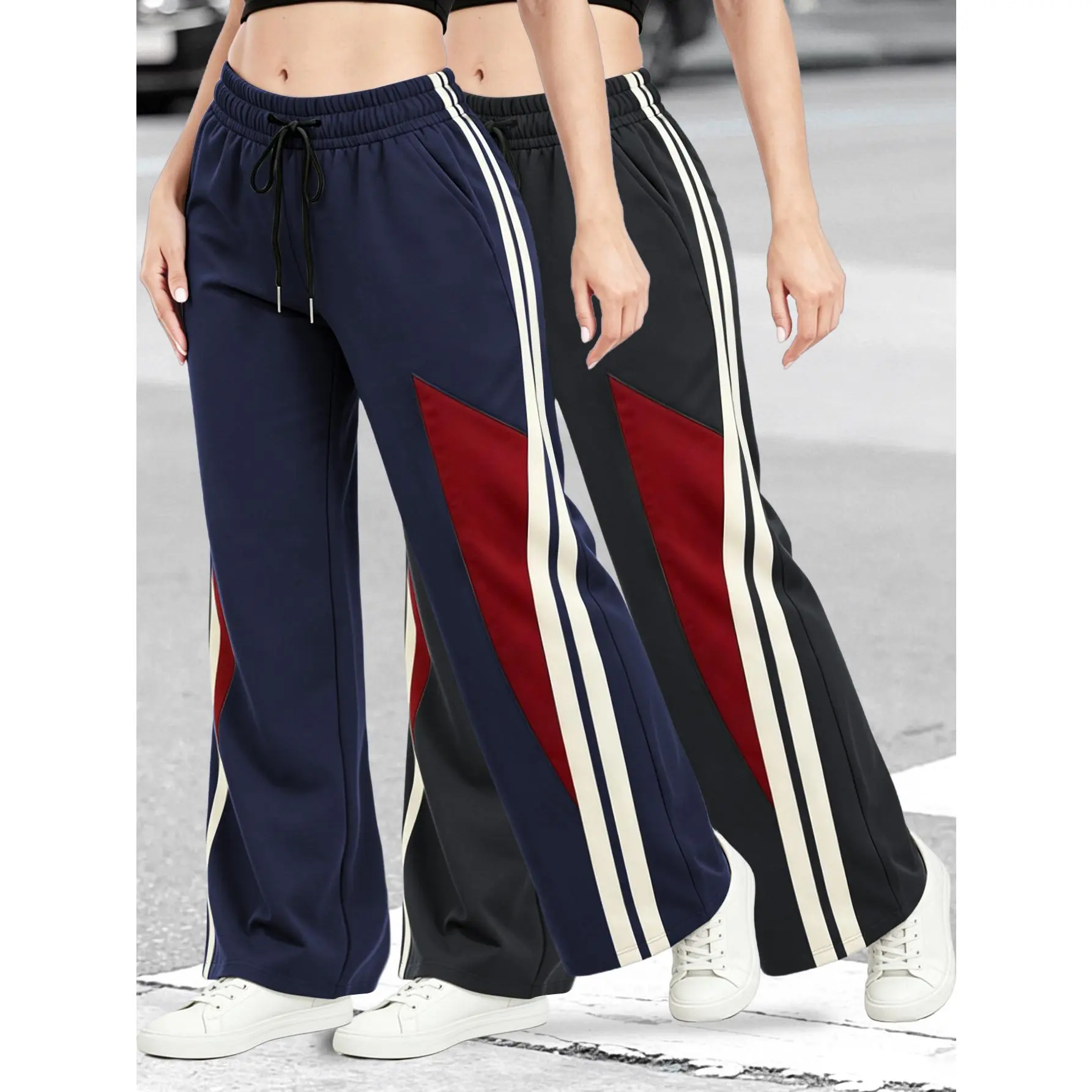 2PCS Women's Lightweight Breathable Wide Leg Track Pants, Elastic Drawstring Waist Side Striped Color Block Casual Athletic Trousers