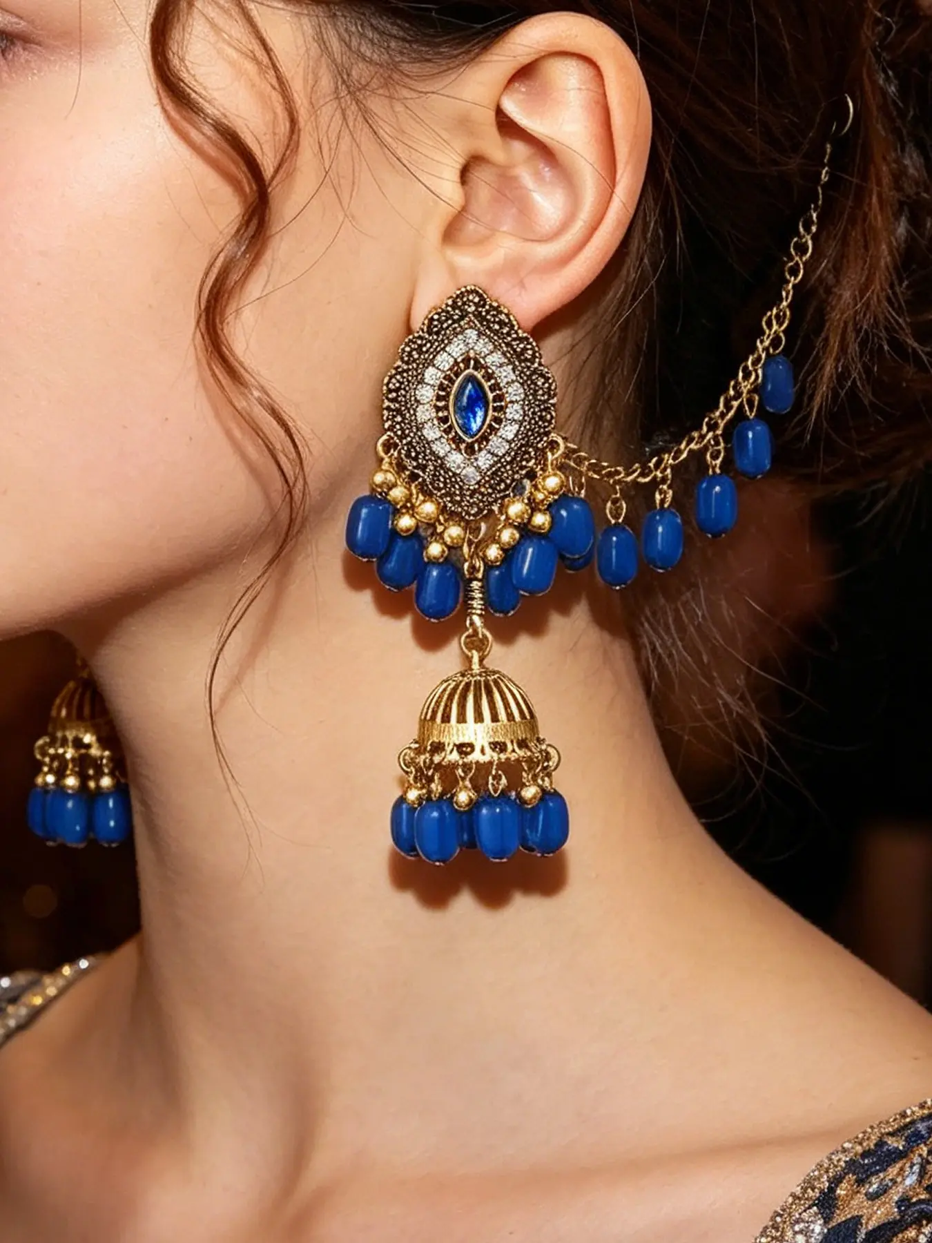 Boho Birdcage Earrings with Hair Chain, Ethnic Indian Style, Dual-Use Ear Hooks, Travel Accessories, Bohemian Vacation Jewelry
