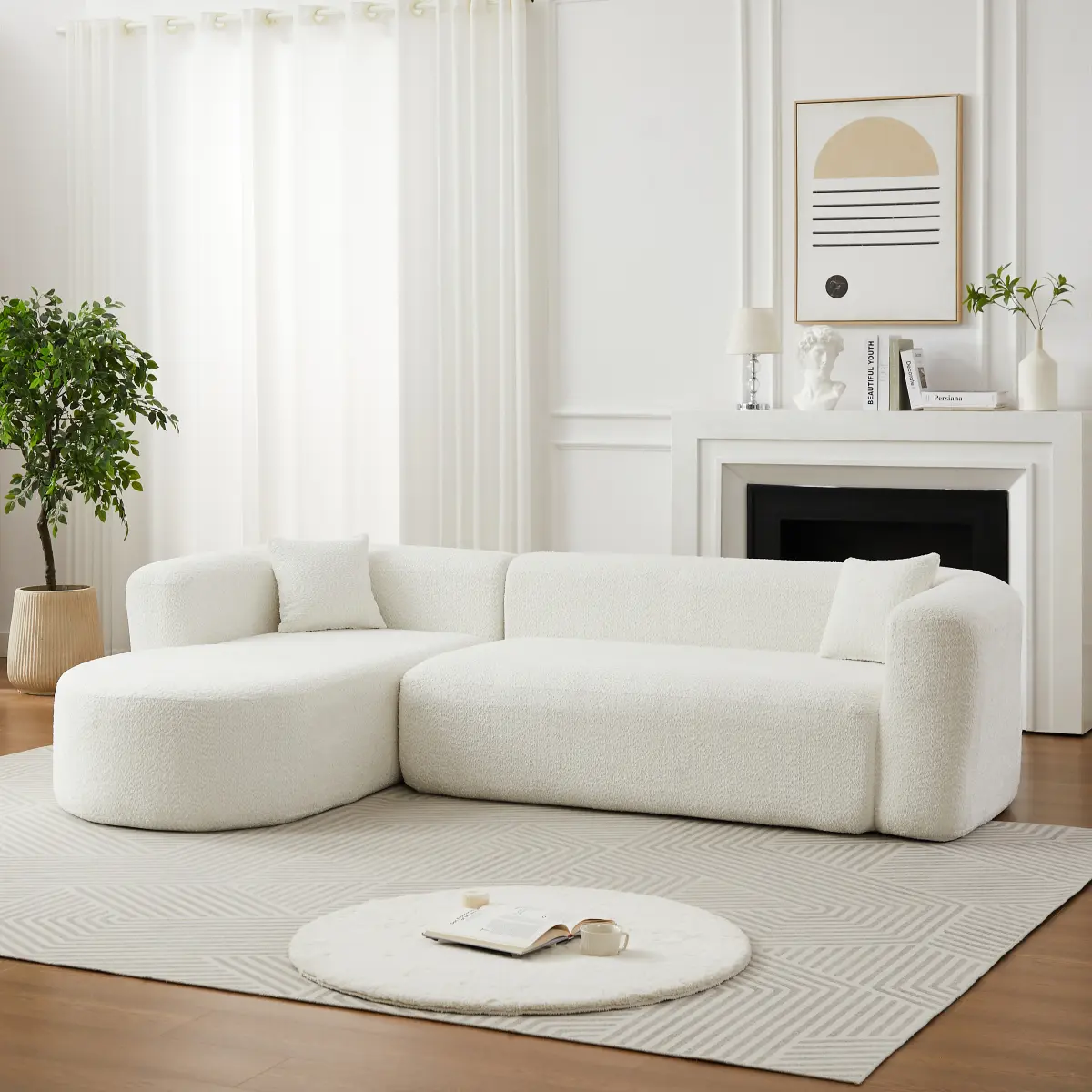 109.4" Modular Sectional Sofa Luxury Modern Curved Back Sofa,Chenille fabric two throw pillows,Minimalist Comfortable L-Shape Boneless Cloud Couch (Left Chaise beige)