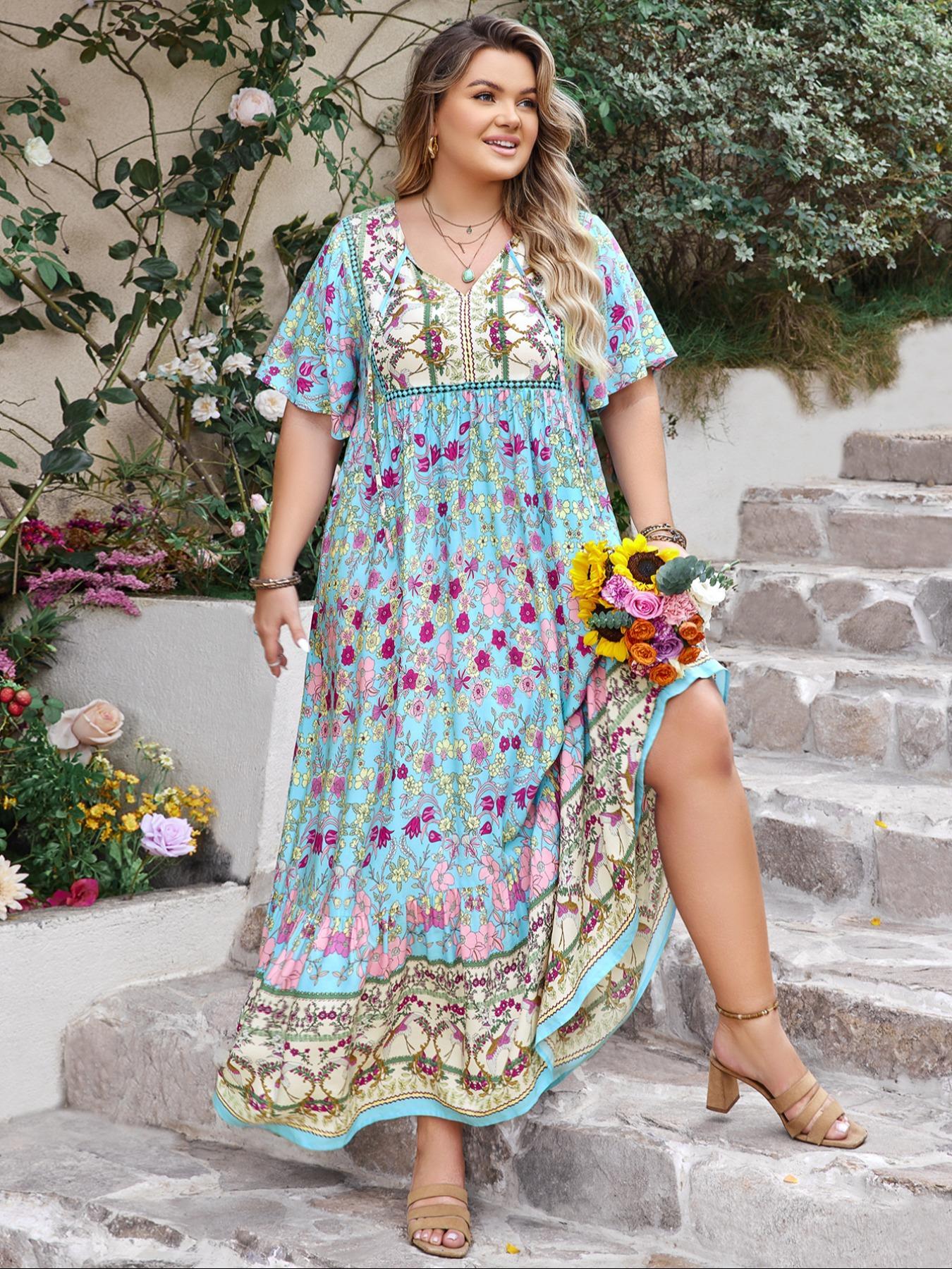 Plus Size Patchwork Floral Print Tie Neck Contrast Lace Ruffle Hem Long Dress, Boho Butterfly Sleeve Smock Dress, Ladies Summer Clothes for Vacation Plus Size Patchwork Floral Print Tie Neck Contrast Lace Ruffle Hem Long Dress, Boho Butterfly Sleeve Smock Dress, Ladies Summer Clothes for Vacation
