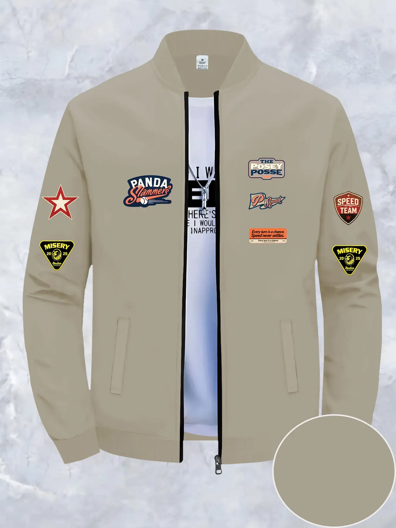 Vintage Baseball Jacket with Ribbed Collar, Long Sleeve Slim Fit, Animal Print Design, Casual Style for All Seasons