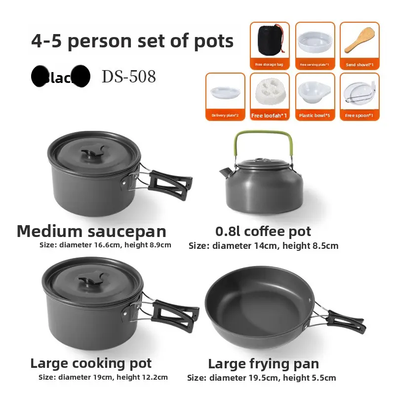 7-Piece Family Size Camping Cookware Kit for 4-5 People - Imported Alumina Outdoor Cooking Station, Nesting Pots, Kettle, PP Utensils, Dishes, High-Temp Resistant, Resistant to High Friction, Lightweight Portable Kitchen Camping Essentials with Mesh Bag
