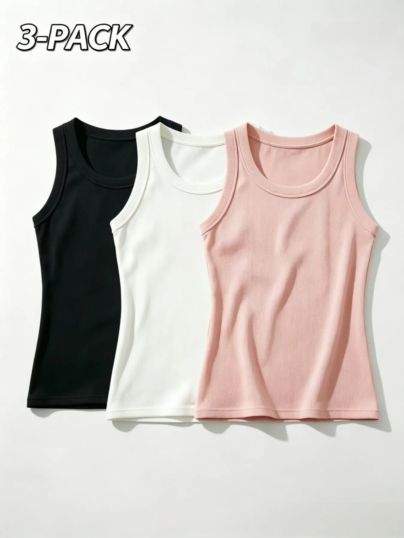 Women's Ribbed Tank Top 3-Pack, Round Neck Sleeveless Basic Tee, Soft Stretch Strap Shirt, Casual Sporty Style, All-Season Multicolor