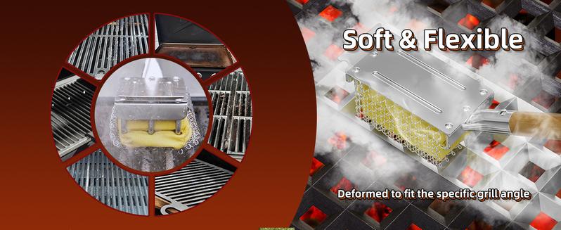 Grill Brush Bristle Free with Scraper, Safe Steam Cleaned Replaceable Head Fire Resistant Grill Cleaning Brush Strong Barbecue Brush Cleaner Non Wire for Outdoor Grill Grate/Wooden Handle