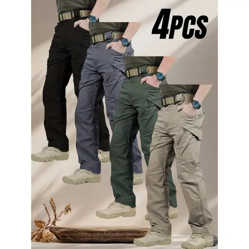 4 Pairs Men's High-Performance Tactical Cargo Pants - Durable Tear-Resistant Multi-Pocket Design, All-Season Outdoor Hiking Camping Work Trousers (No Belt Included), Camping Gear,  Fabric, Secure Drawstring Waistband Menswear Polyester