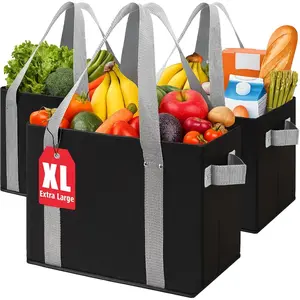 Grocery Bags (3 Pack ) - Heavy Duty Eco Tote Bags with Box Shape to Stand Up, Hold Up to 65 Lbs - Stay Open & Fold Flat - Foldable  Shopping Bags with Long Handles & Hard Bottom