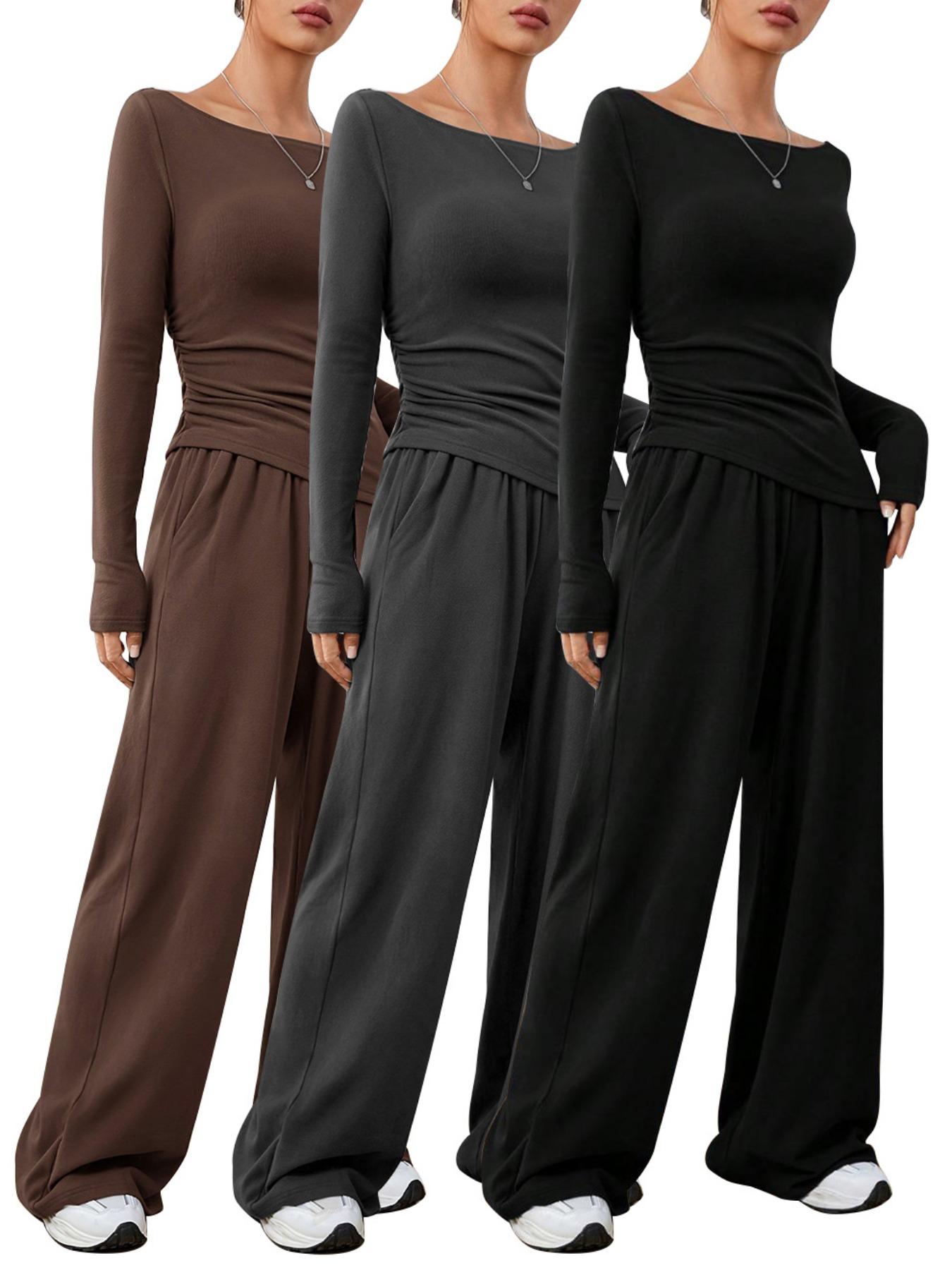 Women's Solid Long Sleeve Tee & Wide Leg Pants Two-piece Set, Casual Round Neck Top & Trousers 2 Piece Set for Spring & Fall, Women's Clothes for Daily Wear
