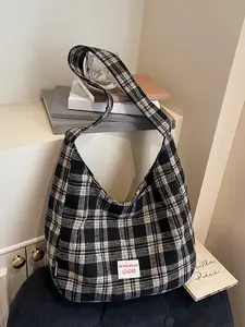 Trendy Plaid Design Letter Decor Tote Bag, Handheld Shoulder Bag for Daily Use, Perfect for Work and Commute, Casual All-Season Style