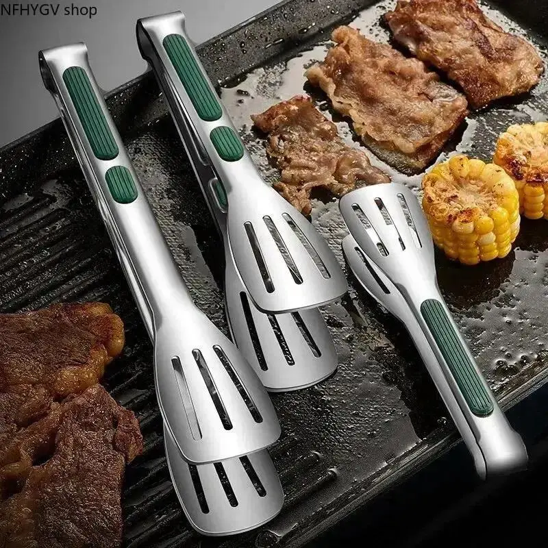 Stainless Steel Barbecue Tong, 1-Piece Silver Non-Slip Silicone-Tipped Grill Utensil, Oil-Resistant Kitchen Tool For Daily Cooking Salad Serving Outdoor BBQ Grilling Food Handling Use