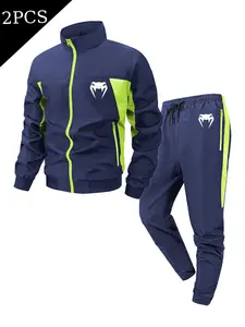 Men's 2PCS Color-Blocked Sportswear Set  with Snake Head Logo Print - Stand Collar Windproof Full-Zip Jacket & Pants Casual Gym Athletic Wear