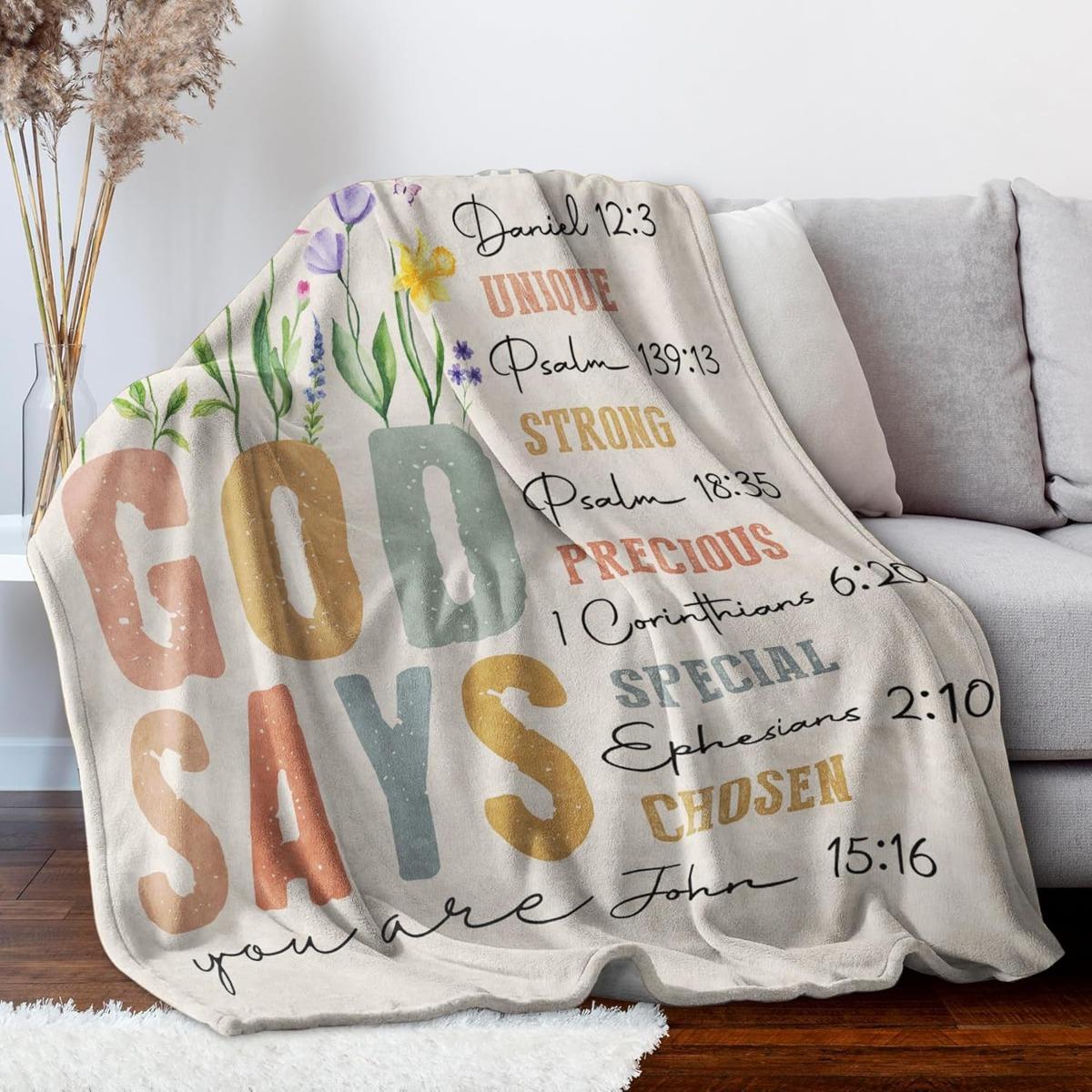 Christian God Says Scripture Floral Blanket | Inspirational Religious Gift | Perfect for Birthday Christmas Baptism Confirmation | Cozy Soft Throw for Mom Sister Friend Her